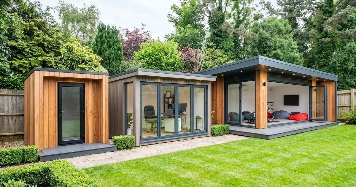 Three garden rooms at different sizes — small pod, mid office, large luxury studio — side by side