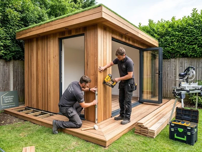 The Buckinghamshire Garden Rooms team at work on a premium garden office build