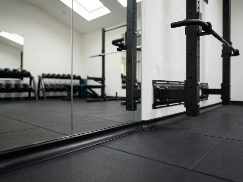 Garden gym detail — mirror wall meeting rubber flooring with wall-mounted rig