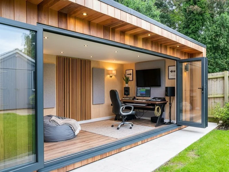 Garden music studio with decoupled walls and acoustic panels