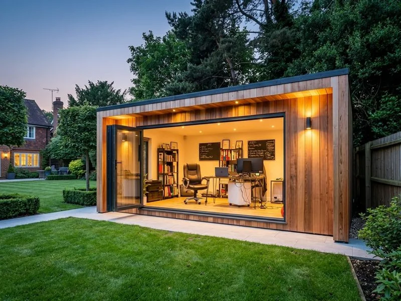 Garden office at dusk with warm interior lighting visible through glass