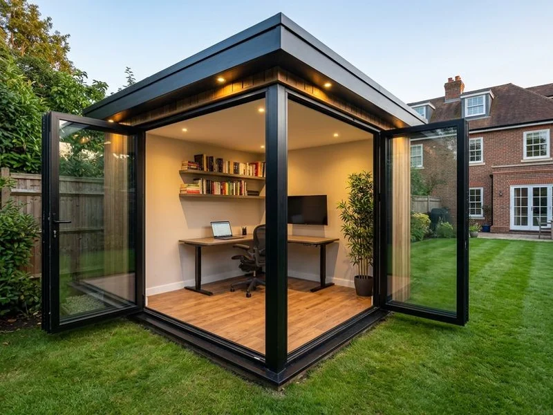 Garden office with aluminium sliding doors open to a rear garden