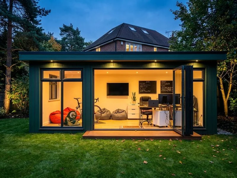 Garden room at dusk with warm interior lighting