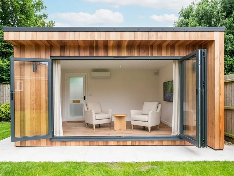 Garden therapy room with calm neutral furnishings and separate entrance