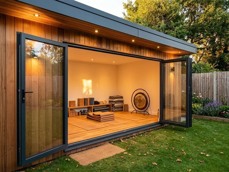 Garden yoga studio at golden hour with sprung floor
