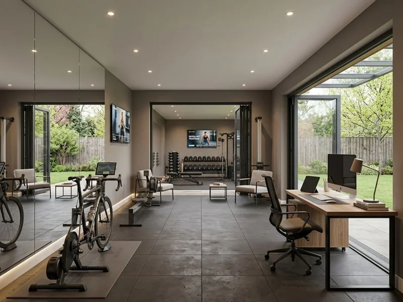 Premium garden gym interior with rubber flooring and mirror walls