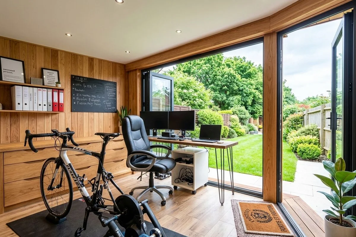 Garden office interior with built-in desk and aluminium French doors opening to the garden