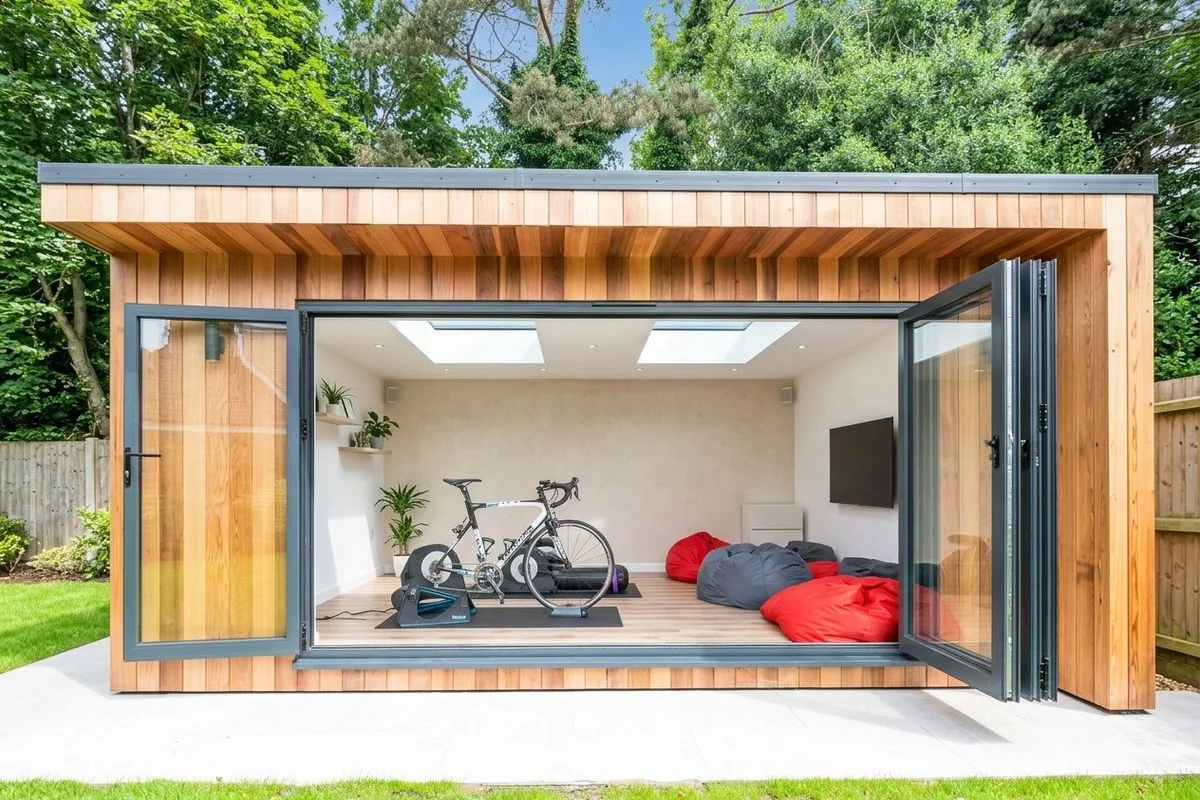 Garden studio interior with sprung floor and rooflights pouring north light