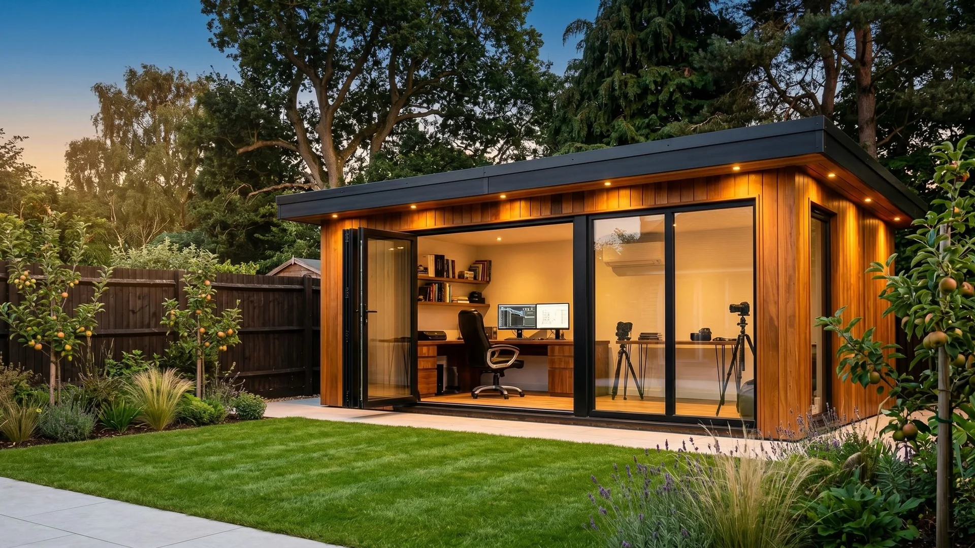 Luxury contemporary garden office with full-height aluminium glazing and cedar cladding in a Buckinghamshire garden at golden hour